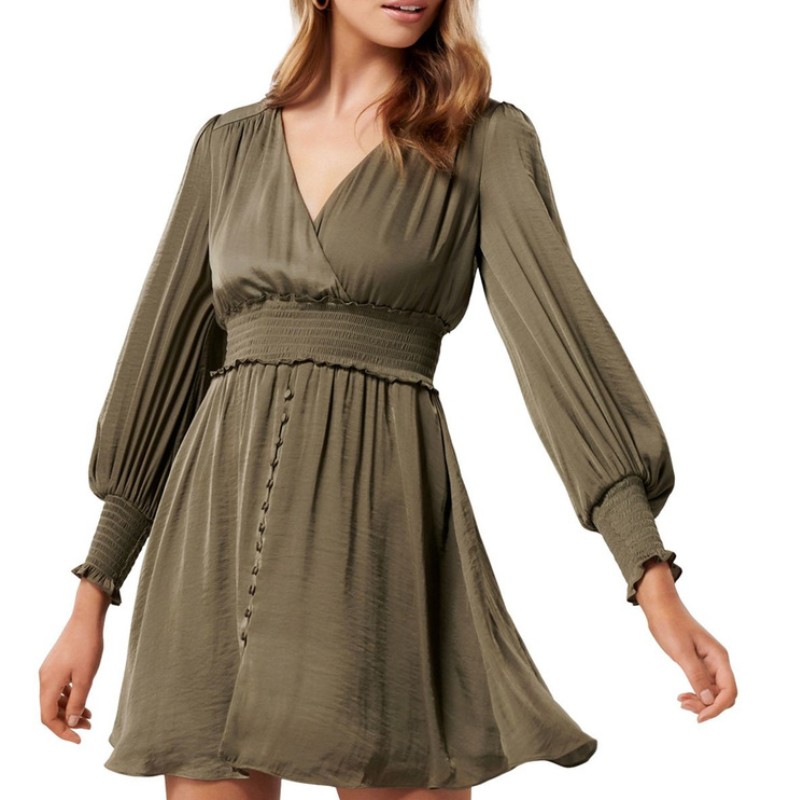 Abito mini khaki donna manica lunga a manica lunga